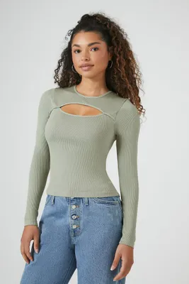 Women's Seamless Ribbed Knit Cutout Top in Green Haze Medium