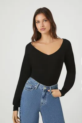 Women's Ribbed Knit V-Neck Sweater in Black Small