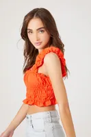 Women's Ruffle Shirred Crop Top in Bright Orange Medium