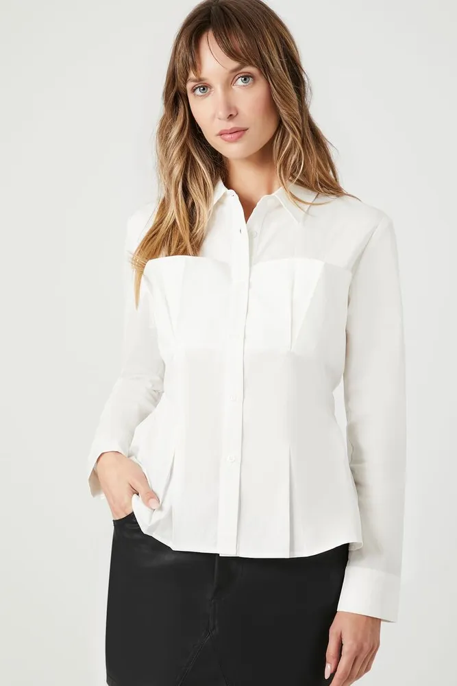 Women's Pleated Poplin Shirt in White, XS