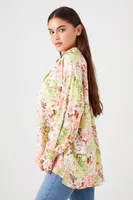 Women's Satin Floral Patchwork Shirt in Pale Peach Small