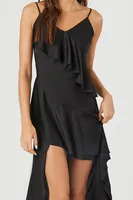 Women's Satin Ruffle High-Low Dress in Black Small