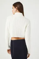 Women's Cable Knit Turtleneck Cropped Sweater in Ivory Medium