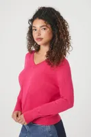 Women's Ribbed V-Neck Sweater in Hibiscus Small