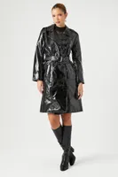 Women's Faux Patent Leather Trench Coat in Black Medium