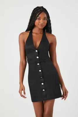 Women's Button-Front Halter Mini Dress in Black Large