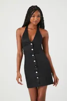 Women's Button-Front Halter Mini Dress in Black Large