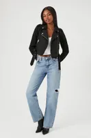 Women's Faux Suede Cropped Moto Jacket in Black Small