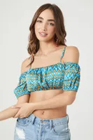 Women's Abstract Off-the-Shoulder Crop Top in Blue Small