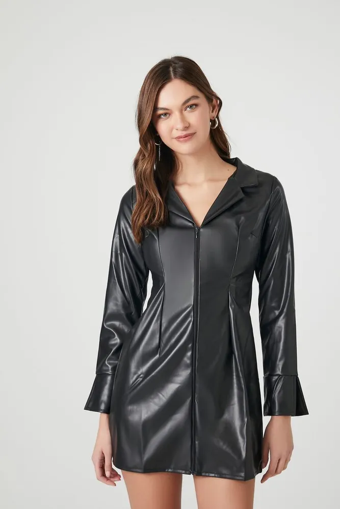Women's Faux Leather Mini Shirt Dress in Black Large