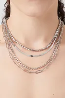 Women's Layered Rhinestone Box Chain Necklace in Silver