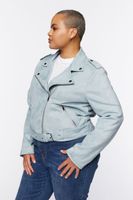 Women's Faux Suede Moto Jacket in Stone Blue, 0X