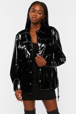 Women's Faux Patent Leather Belted Jacket in Black Large