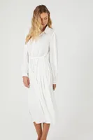 Women's Satin Tie-Front Shirt Midi Dress in White, XL