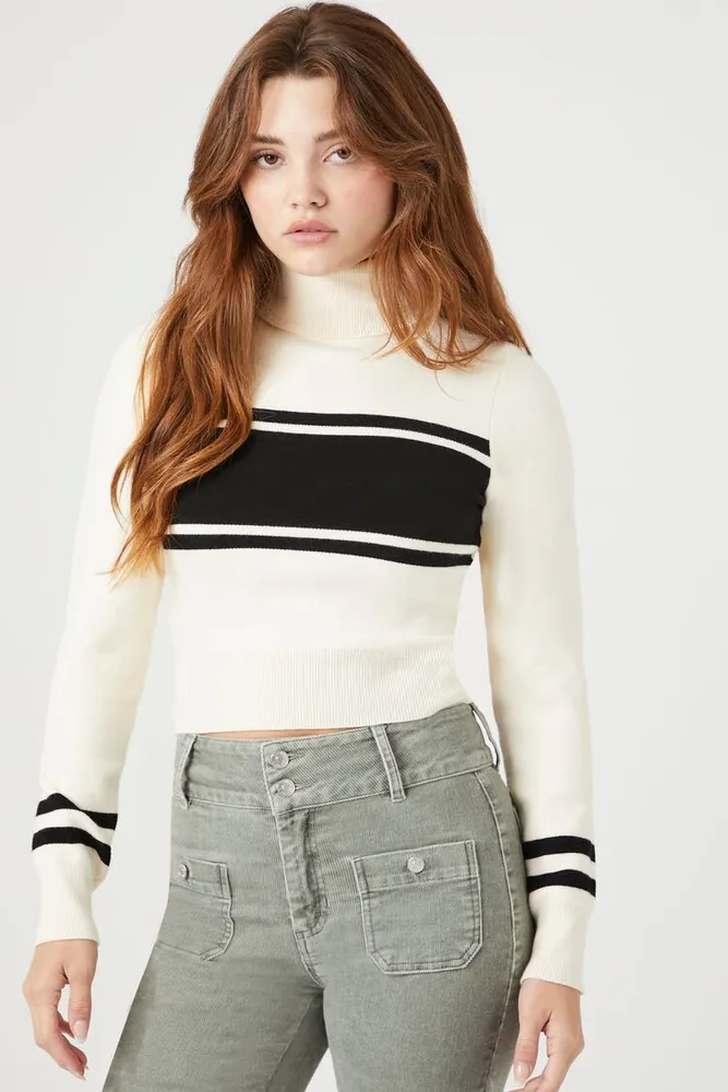 Women's Striped Turtleneck Sweater in Cream/Black Medium