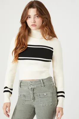 Women's Striped Turtleneck Sweater in Cream/Black Small