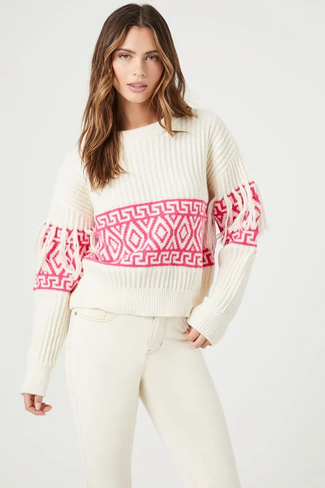 Forever 21 Women's Geo Fringe-Trim Sweater in Ivory/Pink Medium