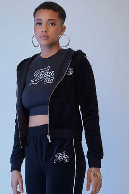 Women's FUBU Velour Zip-Up Track Hoodie in Black, XL