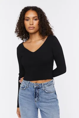 Women's Ribbed Cropped Fitted Sweater in Black, XL