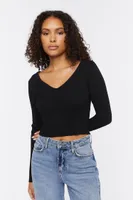 Women's Ribbed Cropped Fitted Sweater in Black, XL