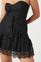 Women's Lace Sweetheart Ruffle-Trim Dress in Black Medium