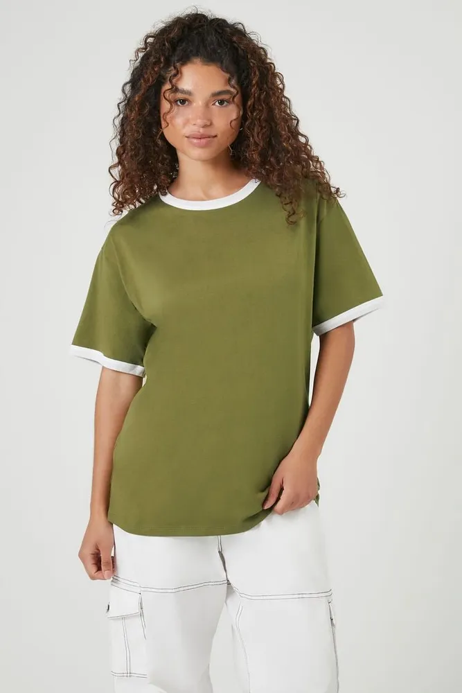 Women's Oversized Ringer T-Shirt in Olive/White Small