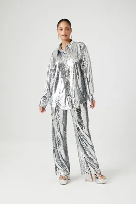 Women's Metallic Sequin Shirt & Pants Set in Silver, XS