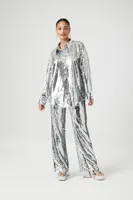 Women's Metallic Sequin Shirt & Pants Set Silver