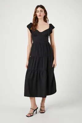 Women's Tiered Short-Sleeve Midi Dress in Black Small