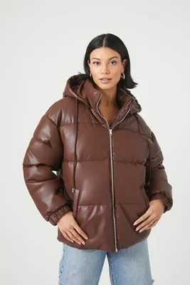 Women's Faux Leather Zip-Up Puffer Jacket in Brown Medium