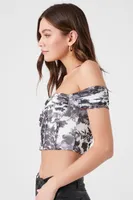 Women's Floral Off-the-Shoulder Crop Top in Black/White, XL