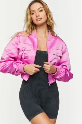 Women's Ruched Satin Cropped Bomber Jacket in Peony Medium