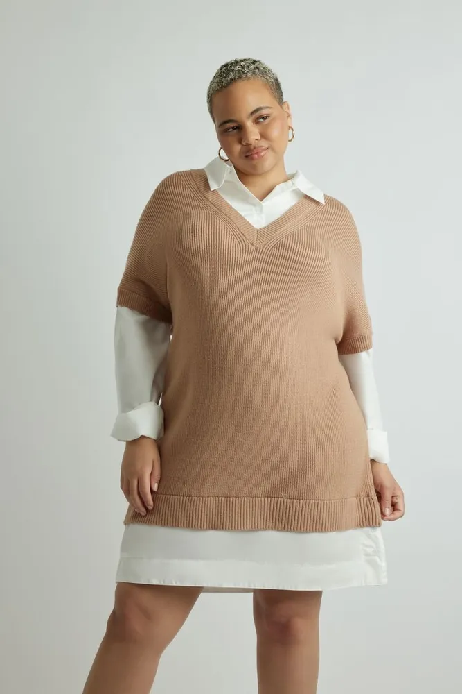 Women's Combo Sweater Shirt Dress in Taupe/White, 1X