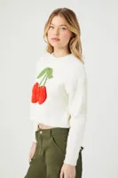 Women's Cropped Fuzzy Knit Cherry Sweater in Vanilla, XL