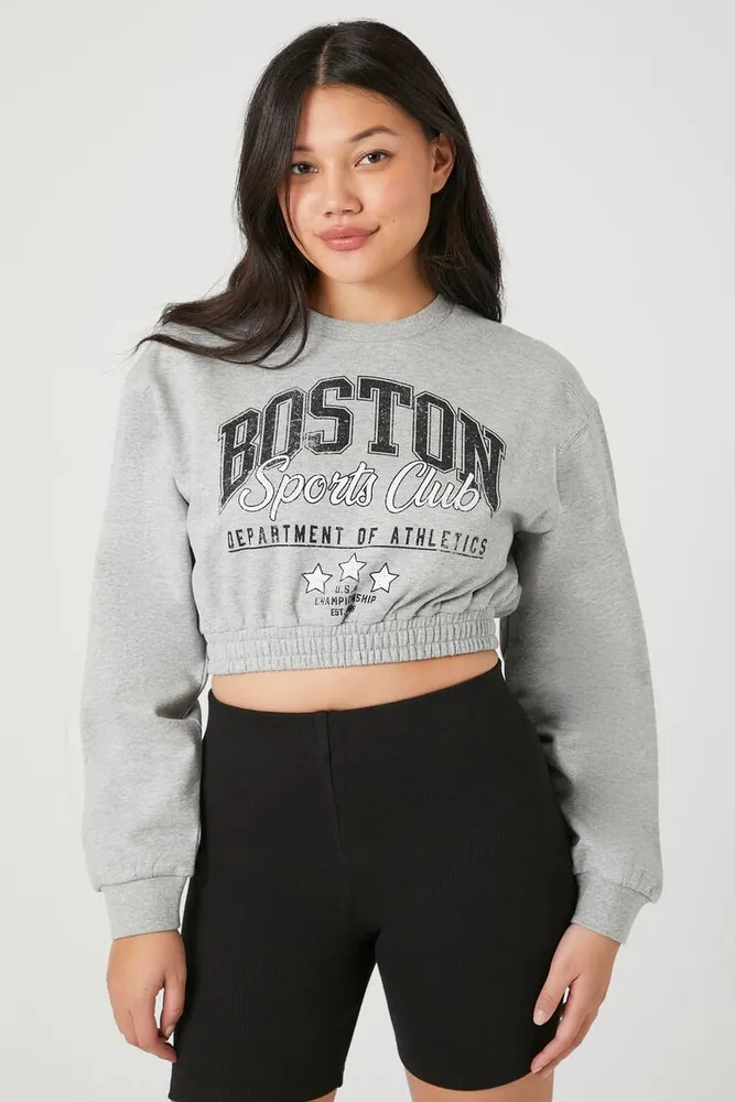 Women's Cropped Boston Sports Club Pullover in Heather Grey Large