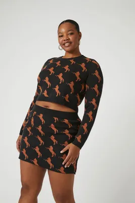 Women's Horse Print Sweater & Skirt Set in Black, 3X