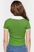 Women's V-Neck Cropped Polo Shirt in Avocado/White Small