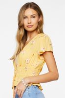 Women's Plunging Floral Print Top in Yellow Small