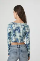 Women's Tie-Dye Floral Print Crop Top in Blue Small