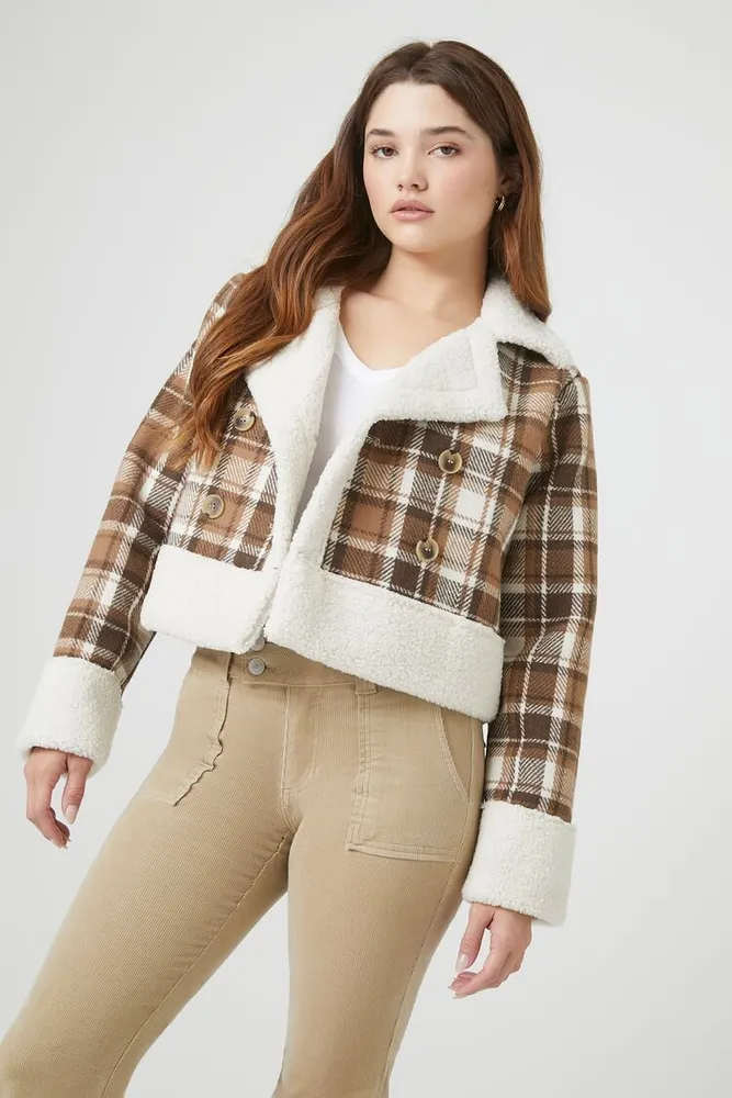 Women's Plaid Cropped Trucker Jacket in Brown Medium