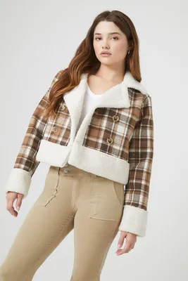 Women's Plaid Cropped Trucker Jacket in Brown Large