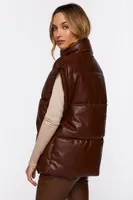 Women's Faux Leather Zip-Up Puffer Vest in Brown Medium