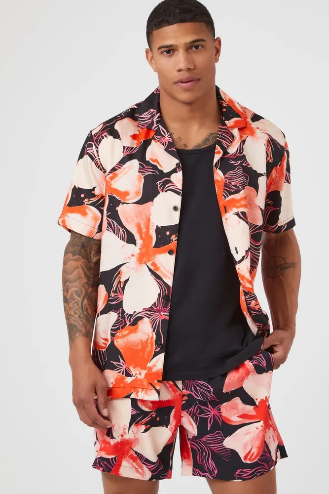 Men Satin Floral Print Shirt in Black, XXL