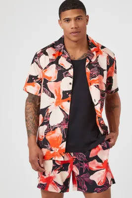 Men Satin Floral Print Shirt in Black, XXL