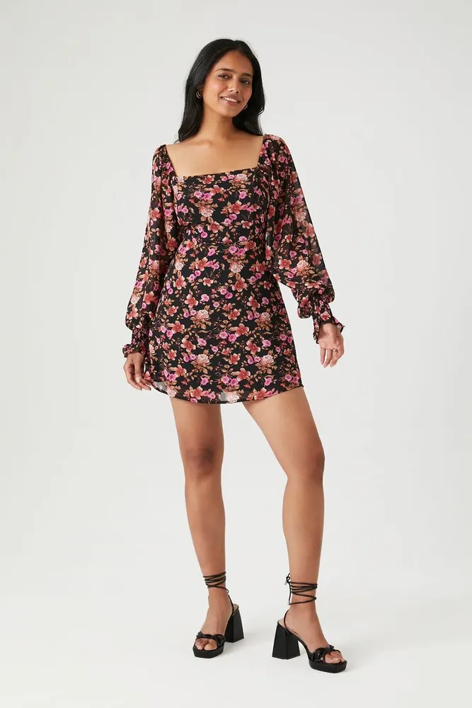 Women's Floral Long-Sleeve Mini Dress