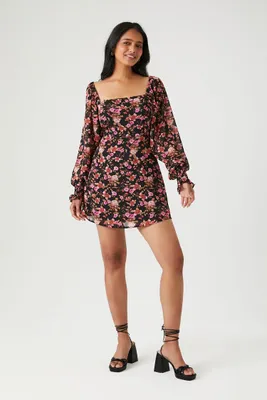 Women's Floral Long-Sleeve Mini Dress in Pink/Black Small