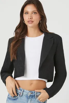 Women's Cropped Open-Front Tweed Blazer in Black Medium