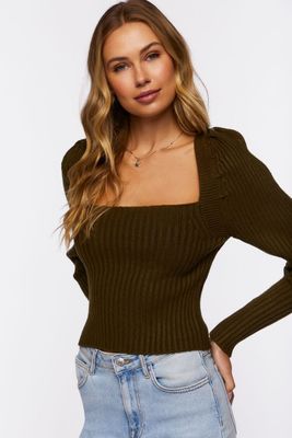 Women's Ribbed Tie-Back Fitted Sweater in Dark Olive Medium