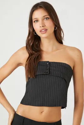 Women's Strapless Foldover Crop Top in Black/White Large