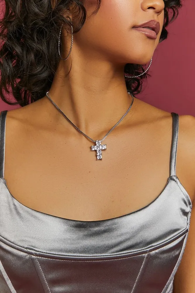 Women's CZ Cross Pendant Necklace in Gold/Clear